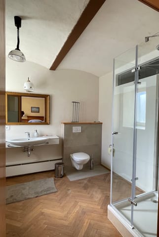 Badezimmer mit Waschbecken, WC und Glasduschkabine