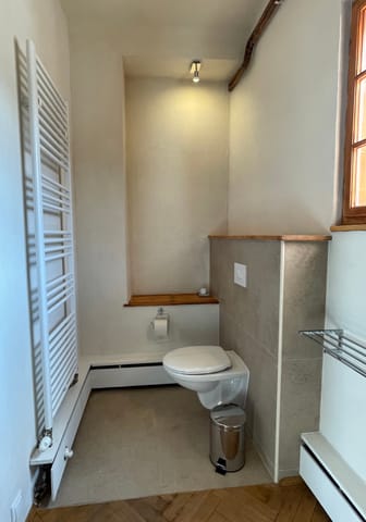 Badezimmer mit WC und weißem Handtuchheizkörper