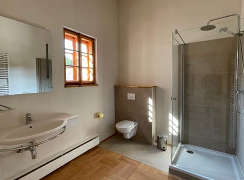 Badezimmer mit Waschbecken, WC und Regendusche