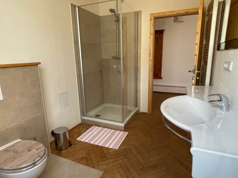 Badezimmer mit Duschkabine und Waschbecken
